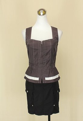 貞新 WEALTH HONOR 山形屋 藕色平口無袖緞面上衣F號+MORGAN 專櫃黑色棉質短裙F號(13467)