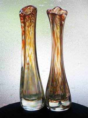 老玻璃瓶玻璃花瓶花器玻璃工藝品手工玻璃藝術品媲美琉璃橘紅黃斑紋一對【心生活美學】