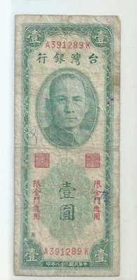 民國38年台灣銀行壹圓限金門通用2128-10
