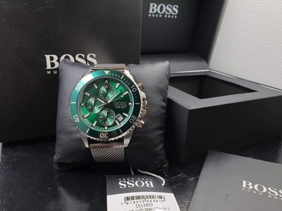 HUGO BOSS Admiral 綠色面錶盤 銀色不鏽鋼網眼編織錶帶 石英 三眼計時 男士手錶 1513905