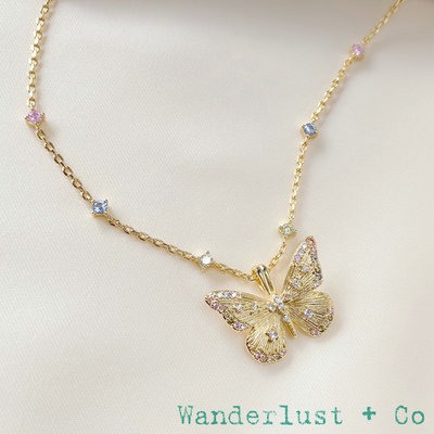 Wanderlust+Co 澳洲品牌 水晶蝴蝶項鍊 彩鑽金色項鍊 Butterfly Rainbow