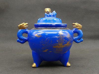 【啟秀齋】日本老件 九谷燒 藍釉 描金 瓷香爐 有底款 重225公克 懷舊復古老派老東西