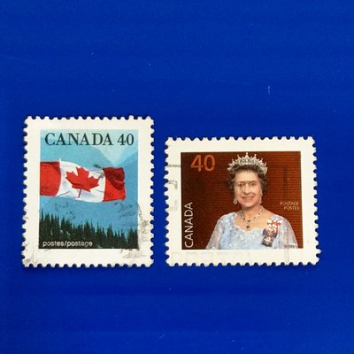 【大三元】美洲舊票-加拿大-英國女王伊麗莎白二世+國旗郵票-銷戳票2枚(55)