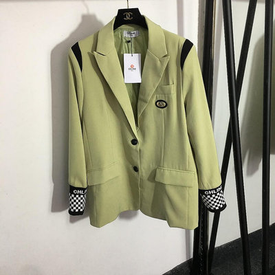 【MOMO生活館】CELINE 新款格子拼接長袖修身雙排扣西裝外套 綠色 SML