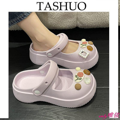 TASHUO 可愛花朵包頭半拖鞋女外穿2023年新款夏季兩穿厚底防滑卡通洞洞鞋