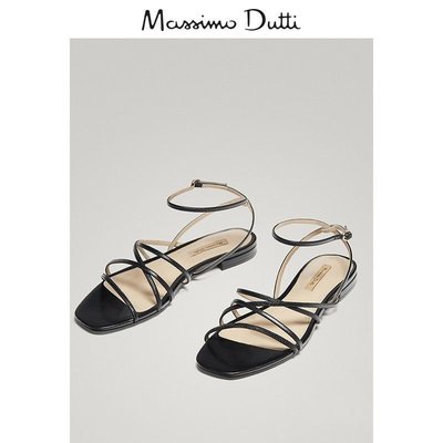 2023上新！【正品現貨】Massimo Dutti女款真皮黑色系帶綁腳細帶平底涼鞋