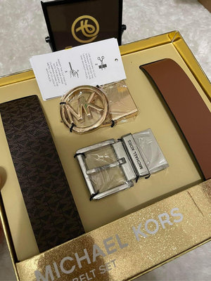 Michael Kors 女款 滿版緹花LOGO雙釦頭雙面用皮帶禮盒組