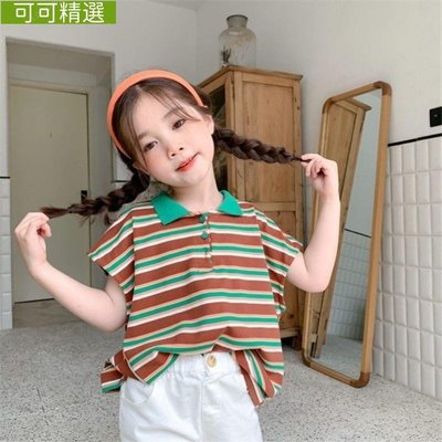 韓國兒童女童夏裝最新款短袖純棉T恤男女童條紋polo衫韓版翻領上衣潮~可可精選