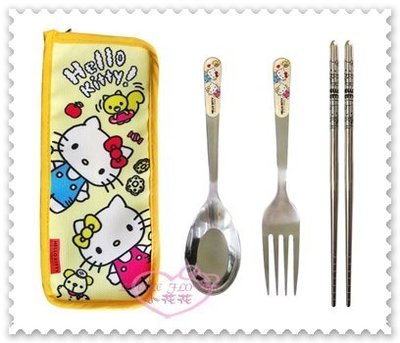 ♥小花花日本精品♥ Hello Kitty 筷子 湯匙 叉子 三件式 不鏽鋼餐具組 附收納布套 黃色站姿11802808