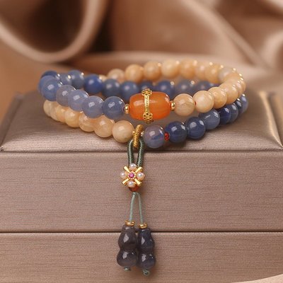 原創設計天然藍珊瑚串珠手鍊女中式福祿葫蘆吊墜手串節日禮物飾品