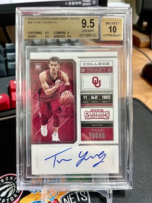 Trae Young 新人卡RC 親簽/卡面簽/全名簽 auto 2018-19 Panini Contenders BGS 金標 9.5/ 10 簽名卡