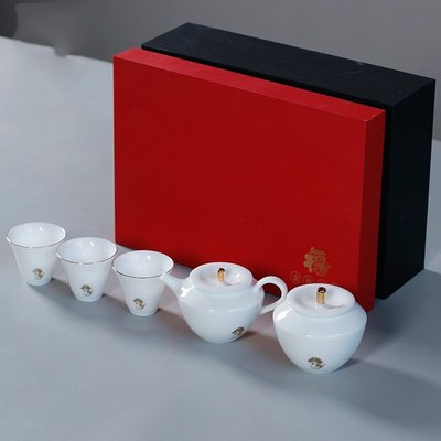 熱銷 白瓷描金手繪小狗套組功夫茶具整套套裝蓋碗茶壺公道杯組送禮茶具 可開發票