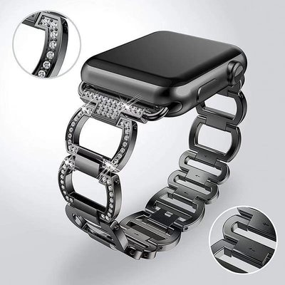 適用蘋果手錶iwatch 7代8代大D鑲鑽錶帶 applewatch 6/5/4 3 SE金屬錶帶 D字鑲鑽錶帶 女士錶
