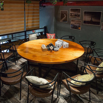 美式loft實木圓餐桌休閑音樂吧咖啡廳圓桌工業風鐵藝簡約洽談桌椅