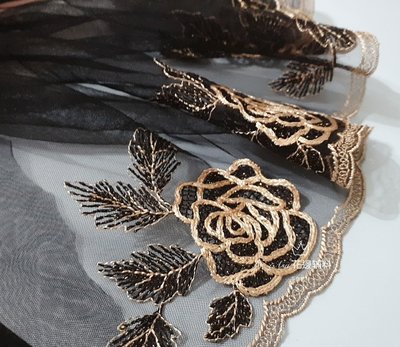 《iAsa愛莎の》手作材料✂法式設計黑繡金線網紗定位花蕾絲花邊DIY服裝裙擺蕾絲