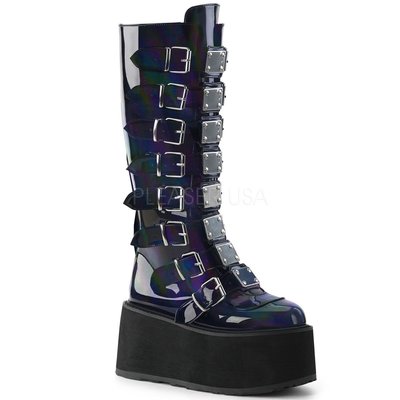 Shoes InStyle《三吋》美國品牌 DEMONIA 原廠正品龐克歌德漆皮金屬板厚底楔型及膝馬靴 有大尺碼『黑色』