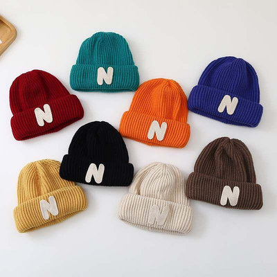 韓版兒童字母針織帽 可愛保暖毛線帽子 寶寶秋冬套頭帽
