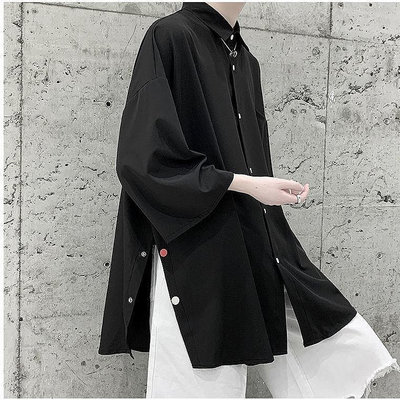 shuai新款開叉短袖襯衫男設計感小眾港風寬鬆五分袖ins夏季薄款外套潮