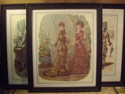歐洲古物時尚雜貨 法國 仕女畫 二女一拿扇子掛畫 擺飾收藏品