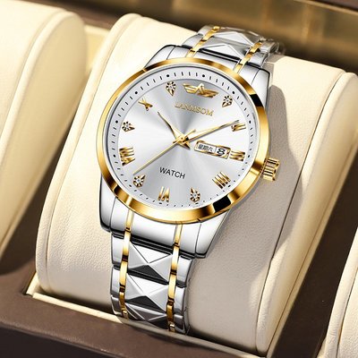 一件代發新款瑯梭手錶批發防水雙日歷夜光菱形精鋼錶鏈石英錶男錶