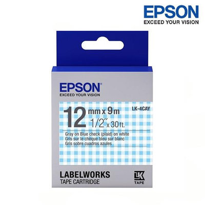 【含稅】EPSON LK-4CAY 藍白格紋底灰字 標籤帶 Pattern花紋系列 (寬度12mm) 標籤貼紙