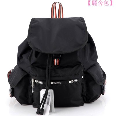 ╭＊全新現貨＊Lesportsac 7357 復古黑 輕量防水大容量 休閒短途旅遊包 束口翻蓋旅行包 雙肩包 後背包