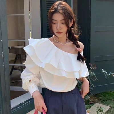 新品 韓國時尚氣質純色斜肩雙層荷葉領襯衫上衣