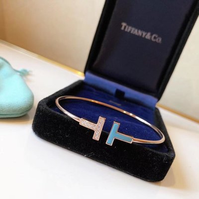 正品保證 Tiffany &amp; Co 蒂芙尼 最新T系列 綠松石 拼接雙T手鐲 開口新款系列 手環 玫瑰金 鉑金兩色