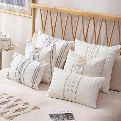 桌巾新品木罌棉線編織簡約沙發靠墊現代簡約客廳抱枕腰枕色織提花條紋