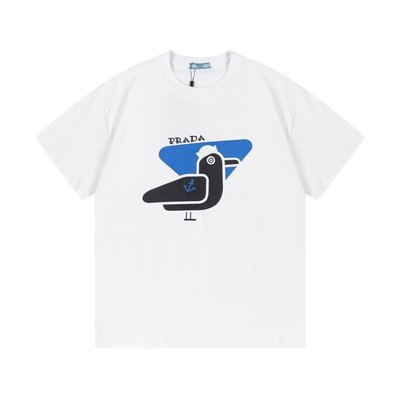 熱銷新款 PRADA 23SS夏季短袖男t恤logo小鳥休閑黑白上衣原單高端款 明星大牌同款