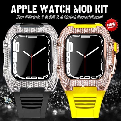 gaming微小配件-適用於 Apple Watch Series 8 7 6 5 4 3 45mm 錶帶豪華改裝套件的鑽石不銹鋼 Mod 套-gm