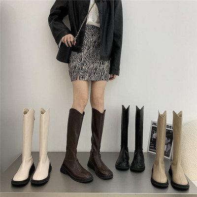 長靴 女 2022新款 厚底靴  高筒靴子後拉鍊騎士靴圓頭橡膠冬季中跟(3-5cm)