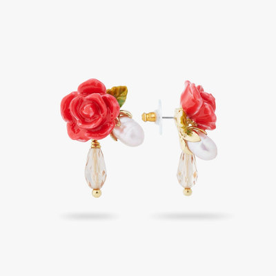 Leann代購~Les Nereides 手繪琺瑯卡羅拉玫瑰系列珍珠紅玫瑰綠葉寶石耳釘鉤夾戒指