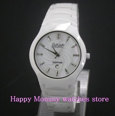 【 幸福媽咪 】網路購物、門市服務 OMAX 毆瑪士 水晶不刮傷鏡面 日期窗 優質 白 陶瓷男錶/女錶 OM201M