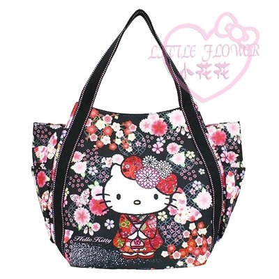 ♥小花凱蒂日本精品♥Hello kitty 凱蒂貓黑色花朵滿版圖案滿版托特包手提包帆布包托特包-10027905