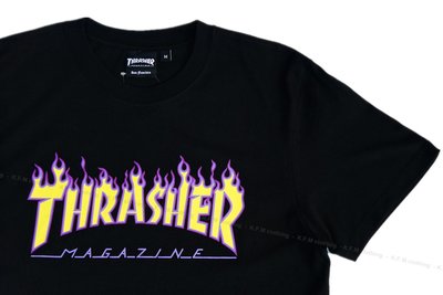 【 K.F.M 】THRASHER NEON GREEN FLAME T-Shirt 日本限定 短T 短袖 紫青火焰 黑