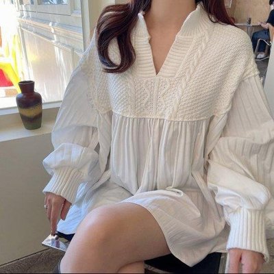 韓國時尚氣質V領針織拼接泡泡袖襯衫上衣