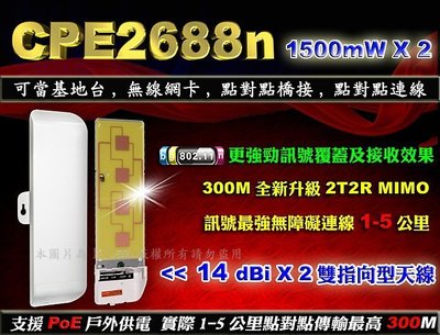 《戶外穿牆王》CPE2688n 高功率1500mW/14dbi雙天線/2.4G室外無線橋接器 路由器 IP分享器