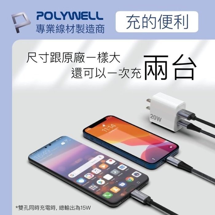 【珍愛頌】寶利威爾 PD雙孔快充頭 20W 充電頭 充電器 豆腐頭 蘋果iPhone 安卓Type-C POLYWELL