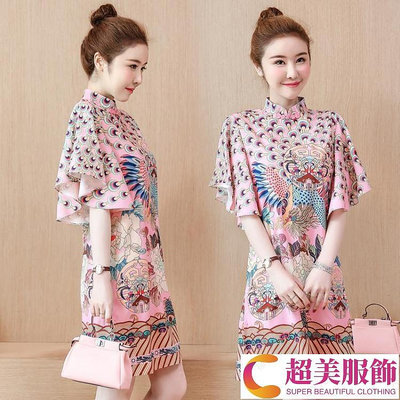 -時尚短款改良式旗袍 新款民族風夏裝中國風復古短袖洋裝連身裙 B~超美服飾