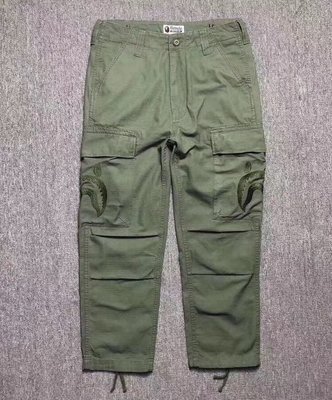 日本bathing ape bape side shark pocket pants 新款鯊魚刺繡口袋軍装黑綠長褲斜布褲