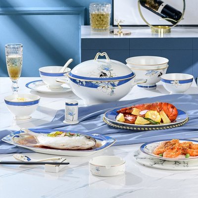 【熱賣精選】皇龍軒新中式骨瓷餐具套裝碗盤創意個性碗碟套裝家用碗筷送禮餐具