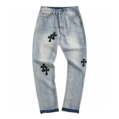【Japan潮牌館】chrome hearts 克羅心 人人都會穿的1十字架十字架貼皮水洗做舊潮流街頭牛仔褲