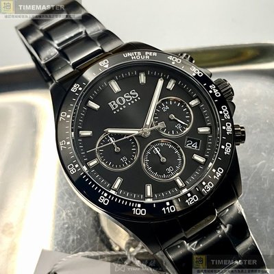 BOSS手錶,編號HB1513754,44mm黑圓形精鋼錶殼,黑色三眼, 中三針顯示, 運動錶面,深黑色精鋼錶帶款
