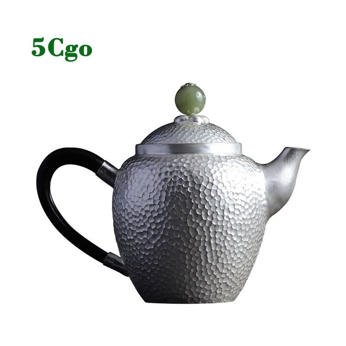 5Cgo 【代購七天交貨】純銀999泡茶壺美人肩木柄和田玉摘錘目紋泡茶壺純