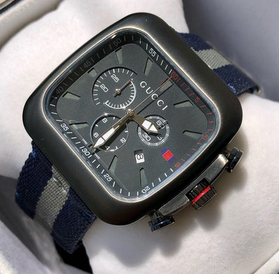 GUCCI Coupe 方型黑色錶盤 灰色配藍色尼龍織帶錶帶 石英 三眼計時 男士手錶 YA131203