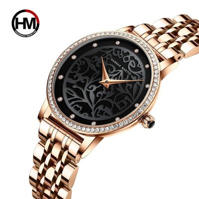 女士手錶中國風雕刻不銹鋼精鋼表鏈女士商務手表休閑日本機芯防水鋼帶手表