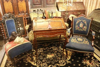 【家與收藏】稀有珍藏歐洲百年古董法國19世紀古典優雅黑檀木精緻手工銅鑲嵌寫字桌/櫃