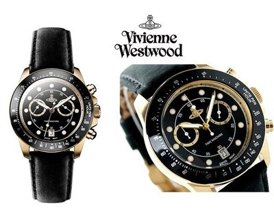 Vivienne Westwood (黑色×金色) 真皮錶帶 大錶面 手錶 男錶 日期計時功能｜100%全新正品｜特價!