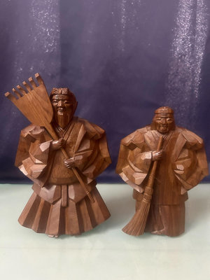 日本回流  中古品 老的一木雕高砂夫婦像擺飾（有落款，名家一